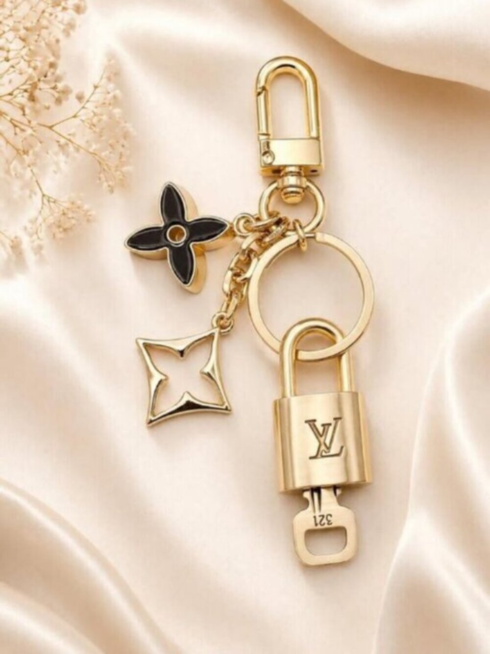 Louis Vuitton Gold Padlock Key 🔒 Authentic LV Charm + Unbranded Flower Keychain